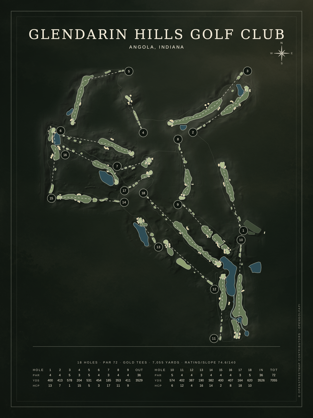 Glendarin Hills Golf Club course map poster, Architectural style, 12×16 / 18×24