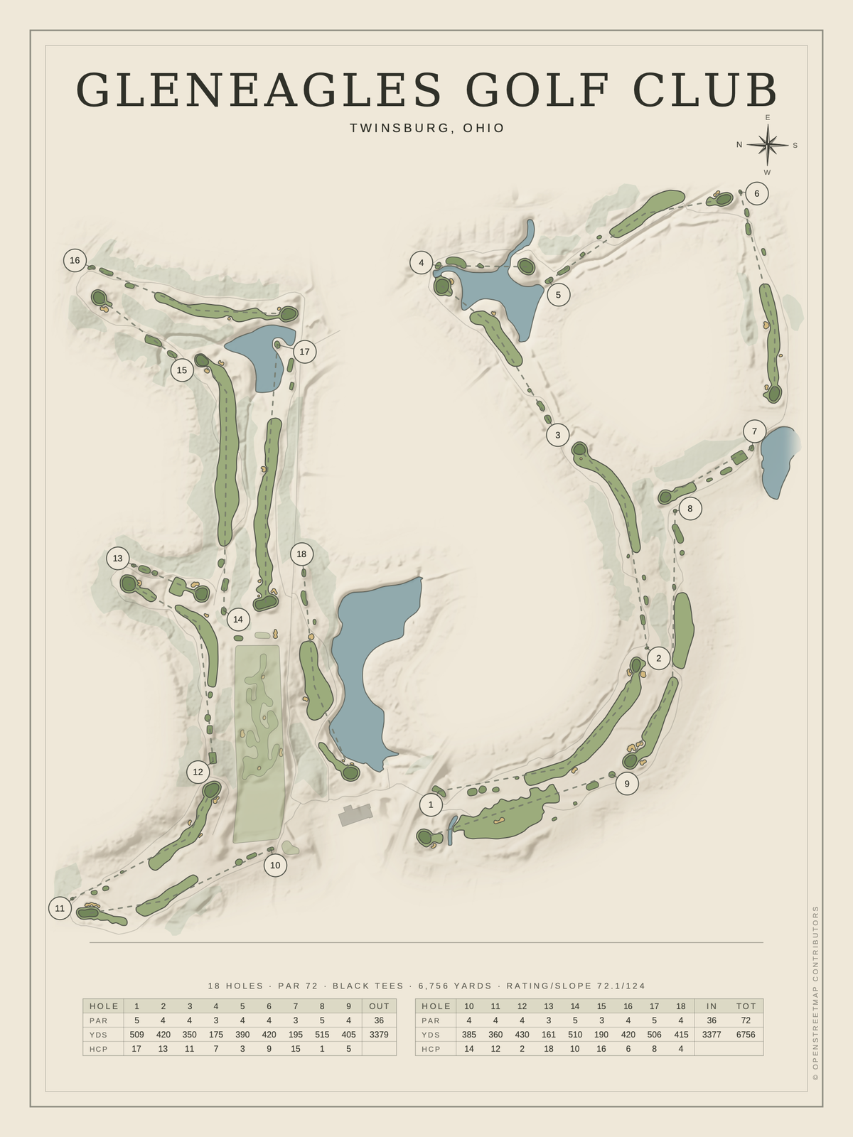 Gleneagles Golf Club course map poster, Classic style, 12×16 / 18×24