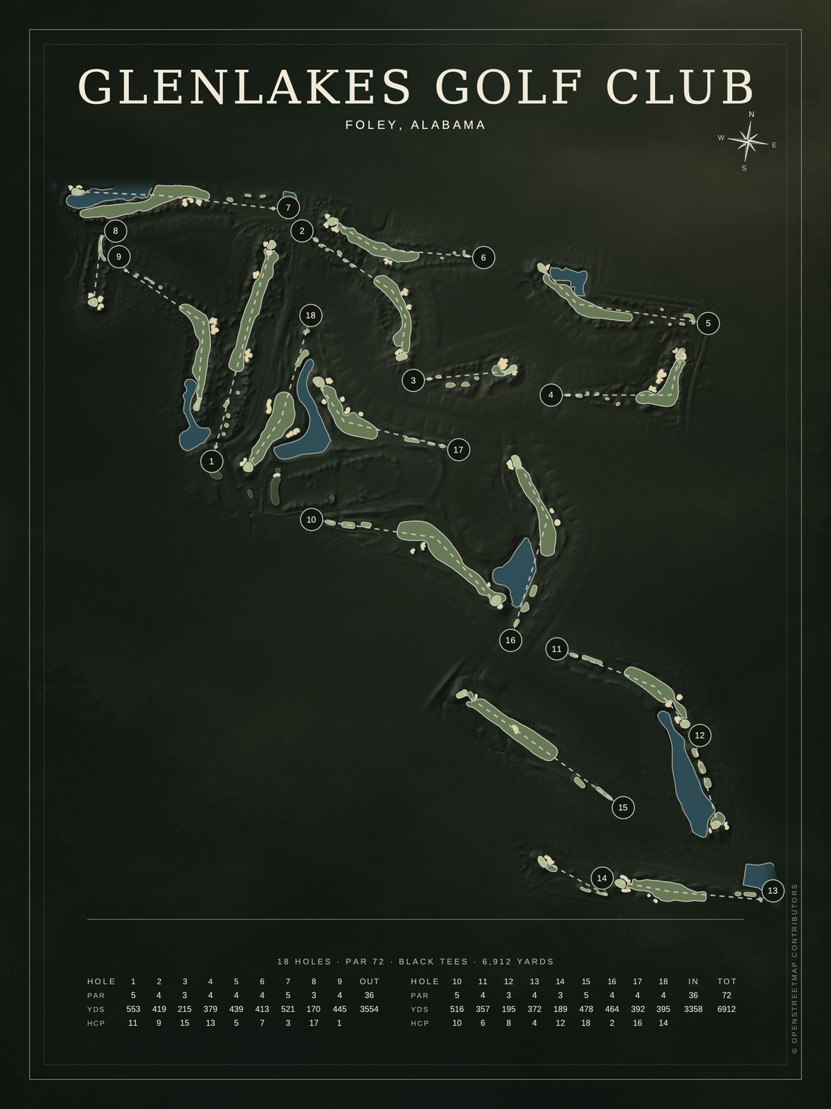 Glenlakes Golf Club course map poster, Architectural style, 12×16 / 18×24