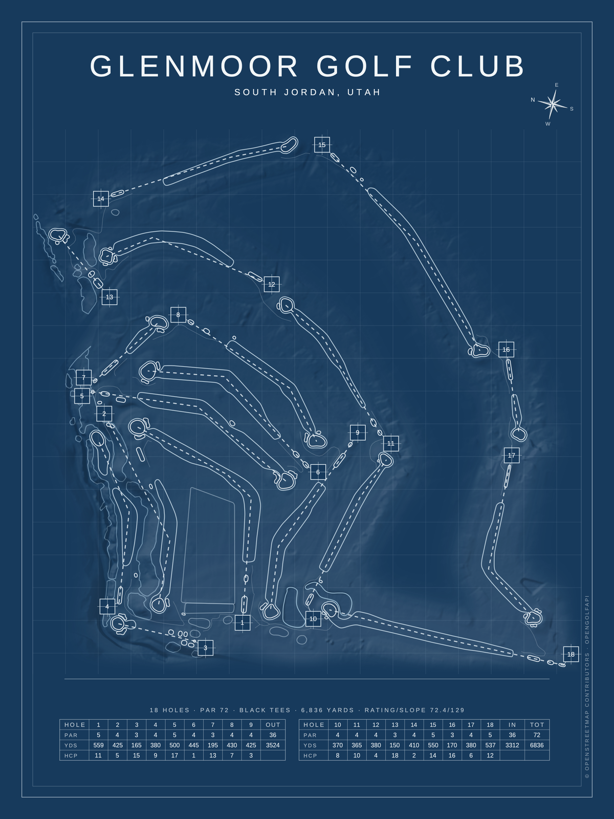 Glenmoor Golf Club course map poster, Blueprint style, 12×16 / 18×24