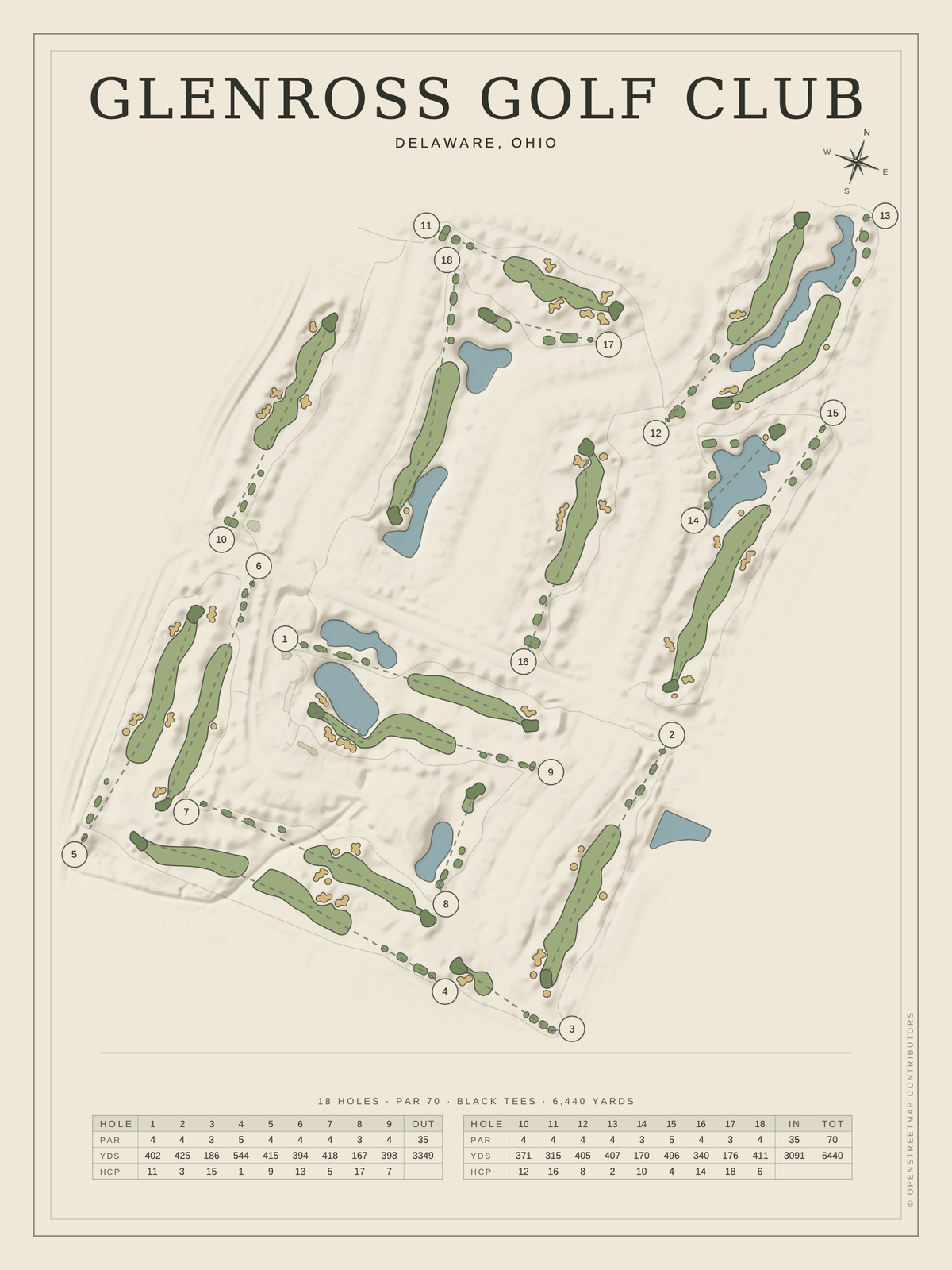 Glenross Golf Club course map poster, Classic style, 12×16 / 18×24