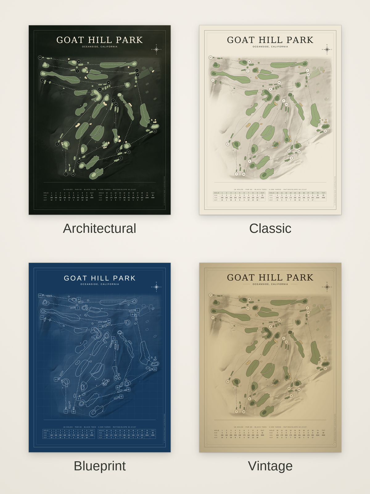 Goat Hill Park course map poster in four styles: Architectural, Classic, Blueprint and Vintage