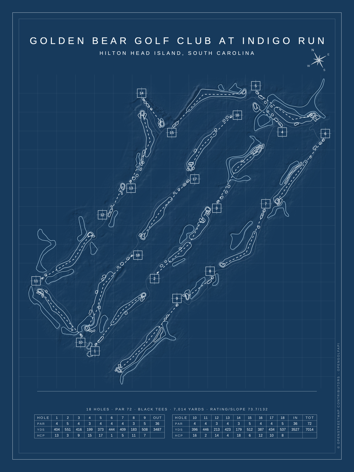 Golden Bear Golf Club at Indigo Run course map poster, Blueprint style, 12×16 / 18×24