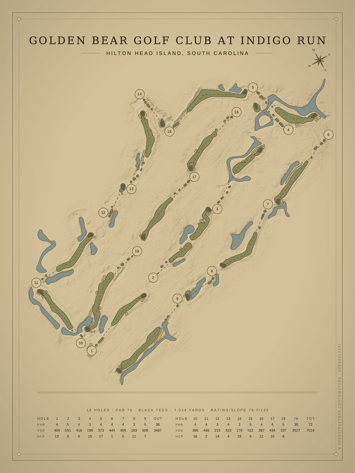 Golden Bear Golf Club at Indigo Run course map poster, Vintage style, 12×16 / 18×24