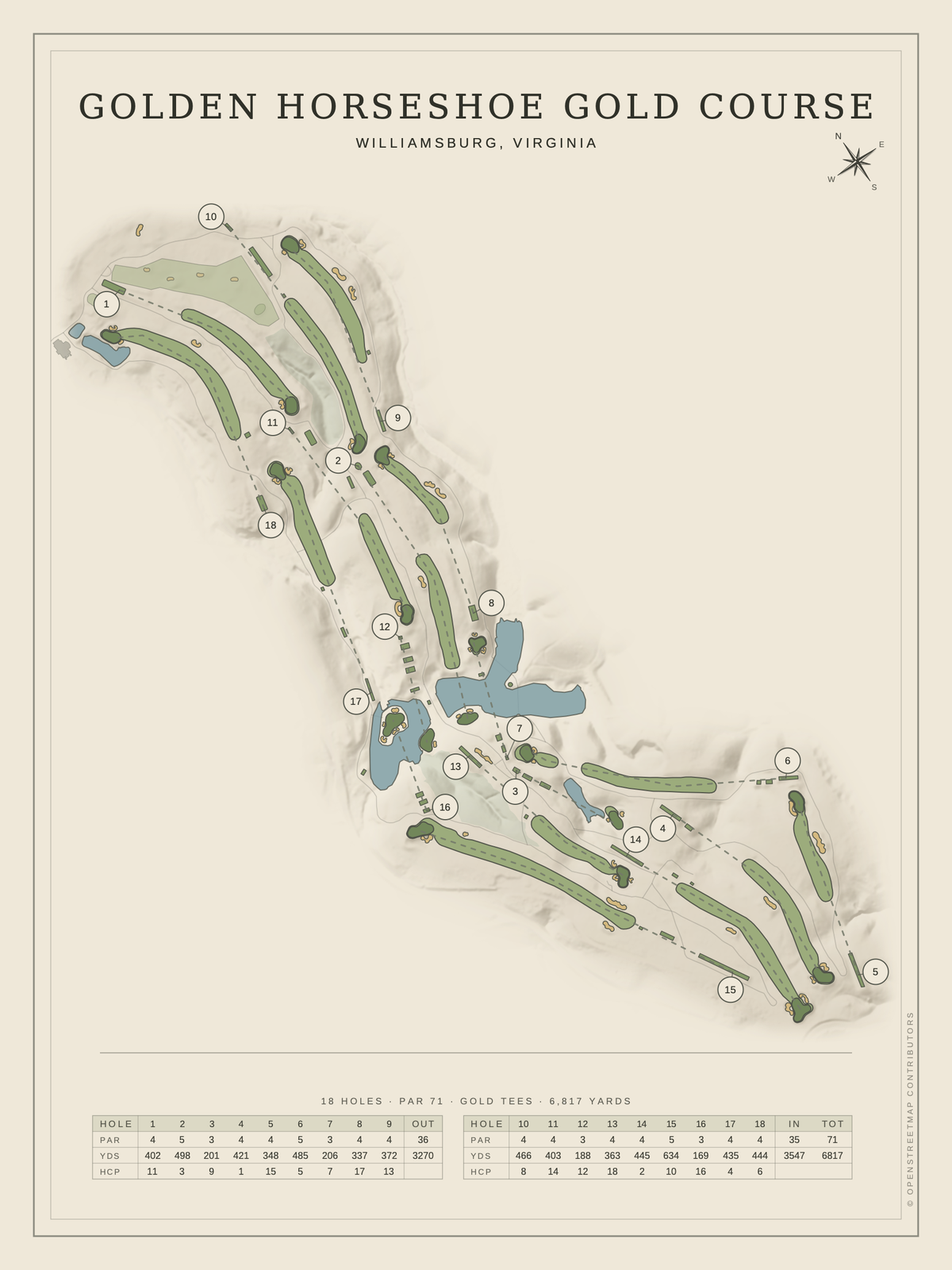 Golden Horseshoe Gold Course map poster, Classic style, 12×16 / 18×24