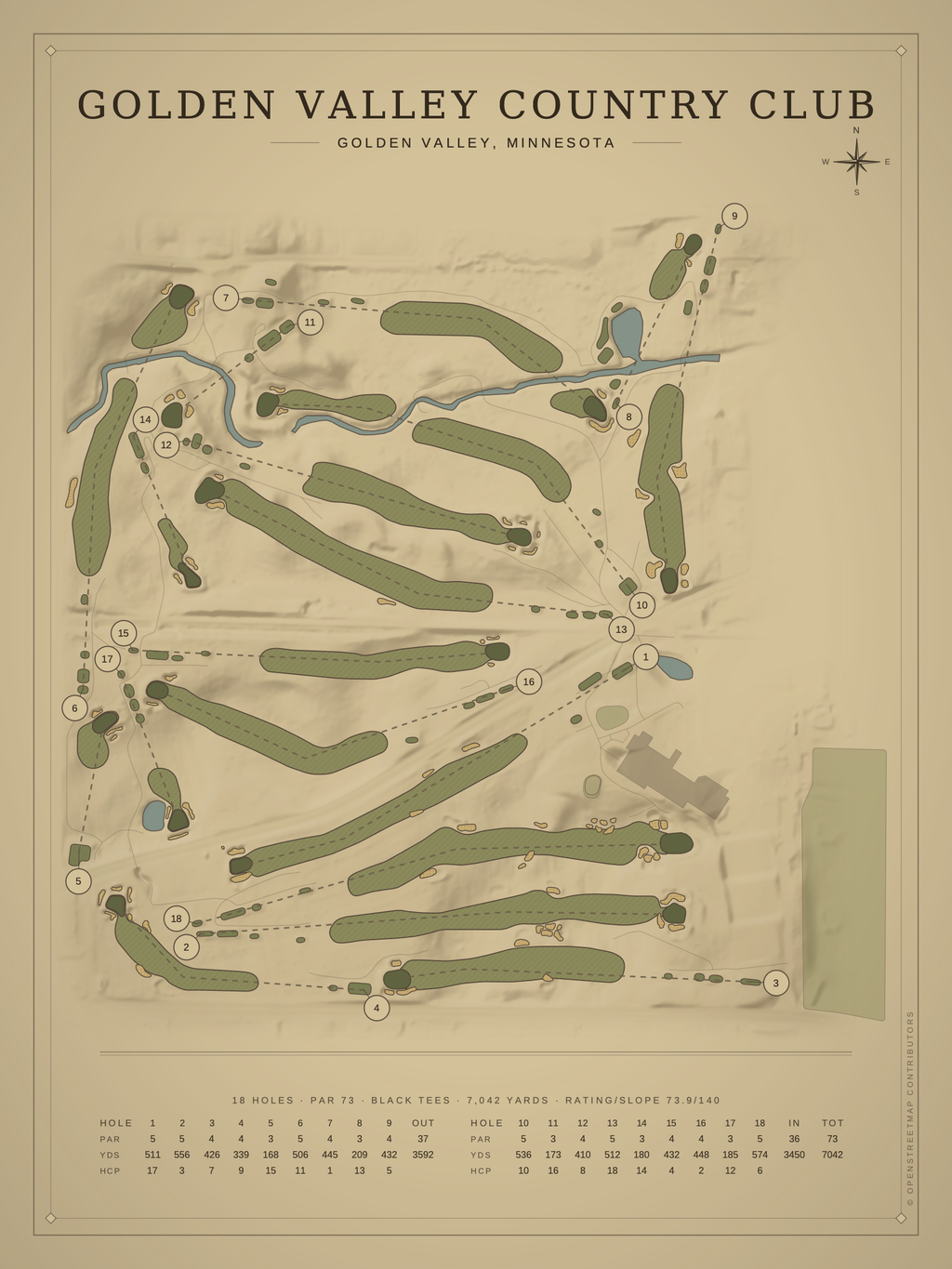 Golden Valley Country Club course map poster, Vintage style, 12×16 / 18×24