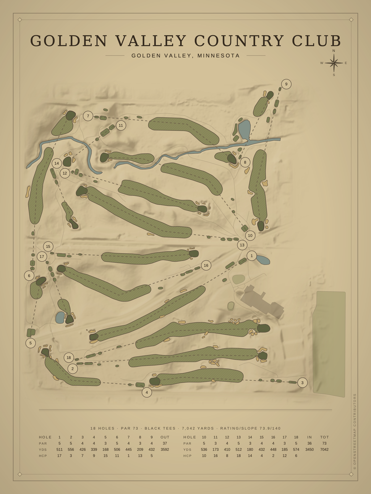 Golden Valley Country Club course map poster, Vintage style, 12×16 / 18×24
