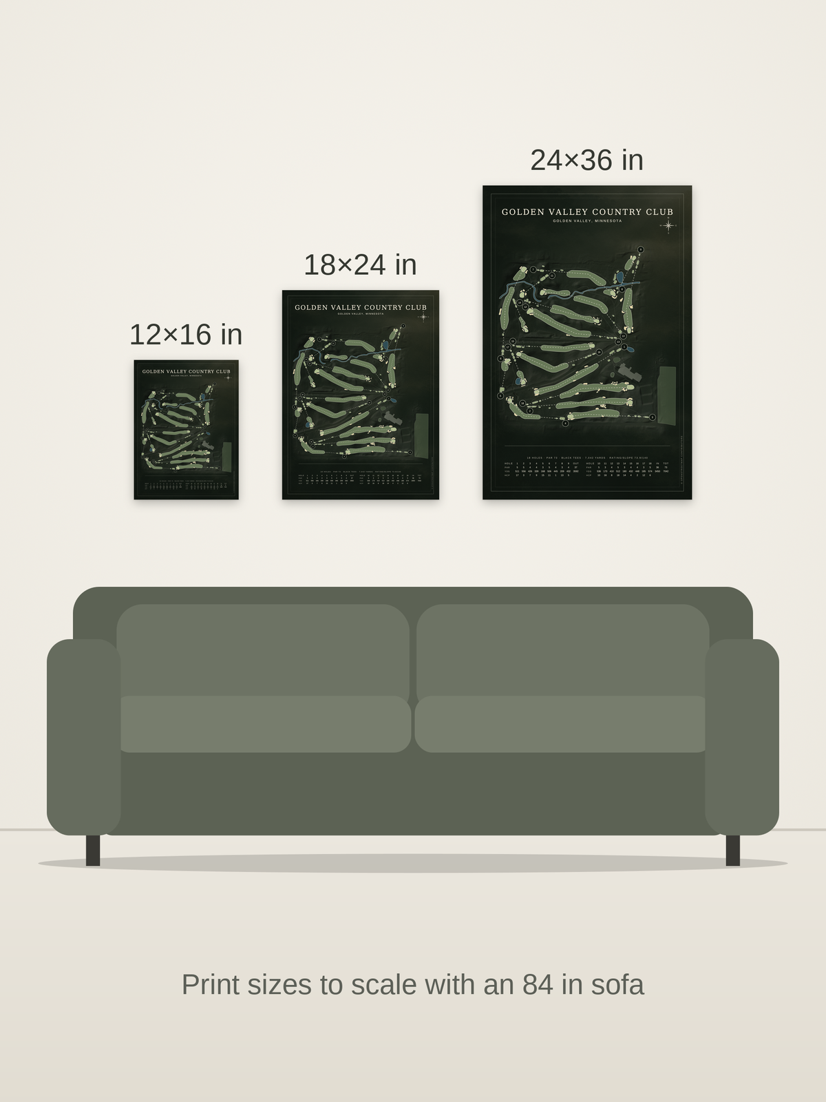 Golden Valley Country Club course map poster in the Architectural style at 12×16, 18×24 and 24×36 inches, shown to scale on a wall above an 84-inch sofa