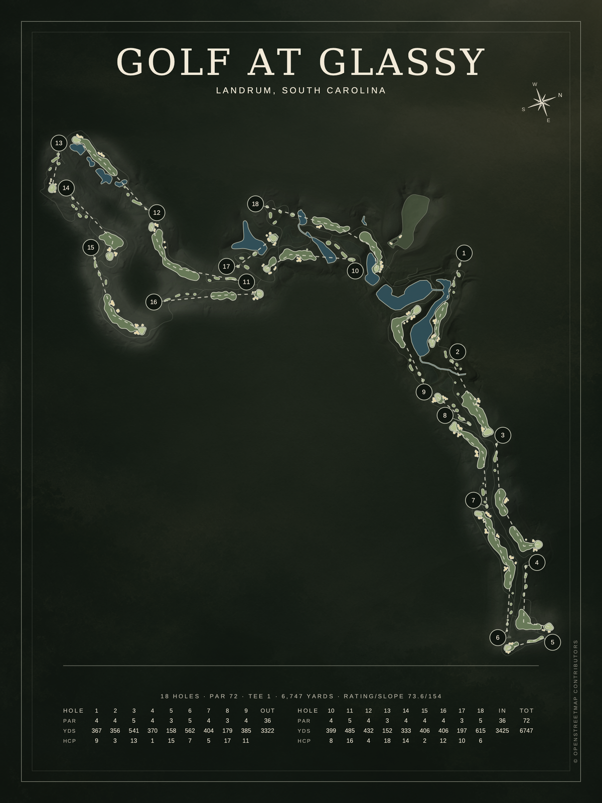 Golf at Glassy course map poster, Architectural style, 12×16 / 18×24