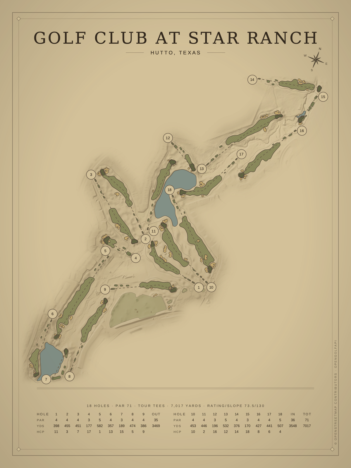 Golf Club at Star Ranch course map poster, Vintage style, 12×16 / 18×24