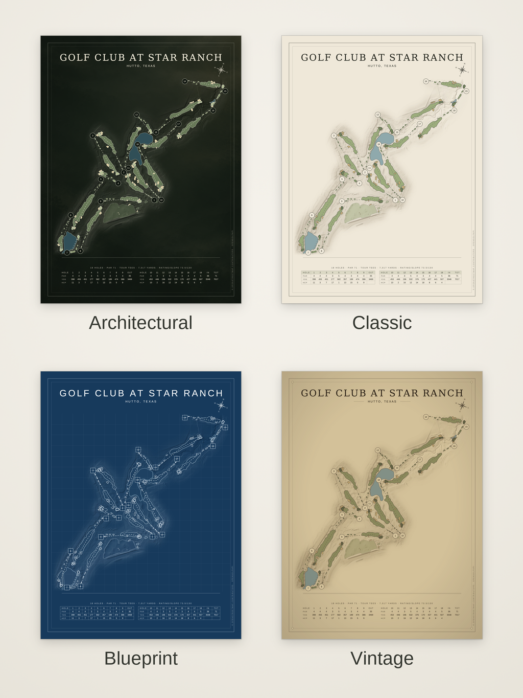 Golf Club at Star Ranch course map poster in four styles: Architectural, Classic, Blueprint and Vintage