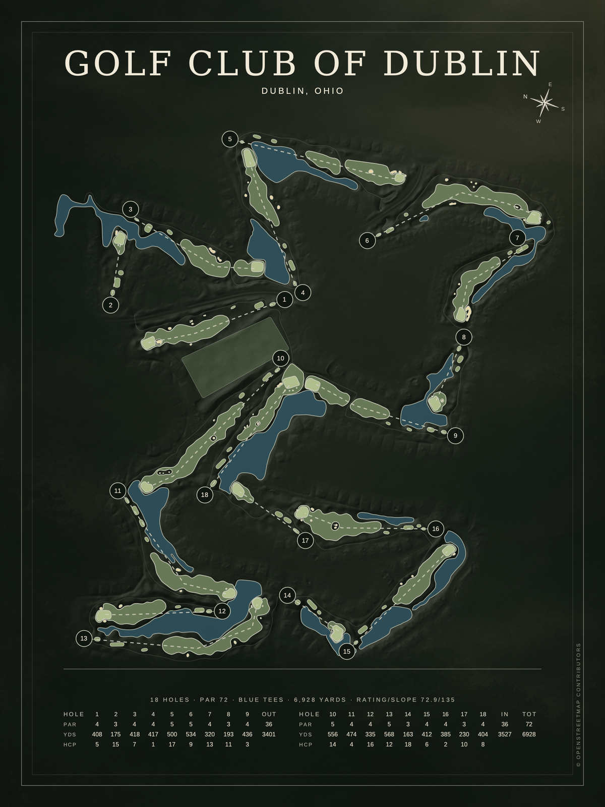 Golf Club of Dublin course map poster, Architectural style, 12×16 / 18×24