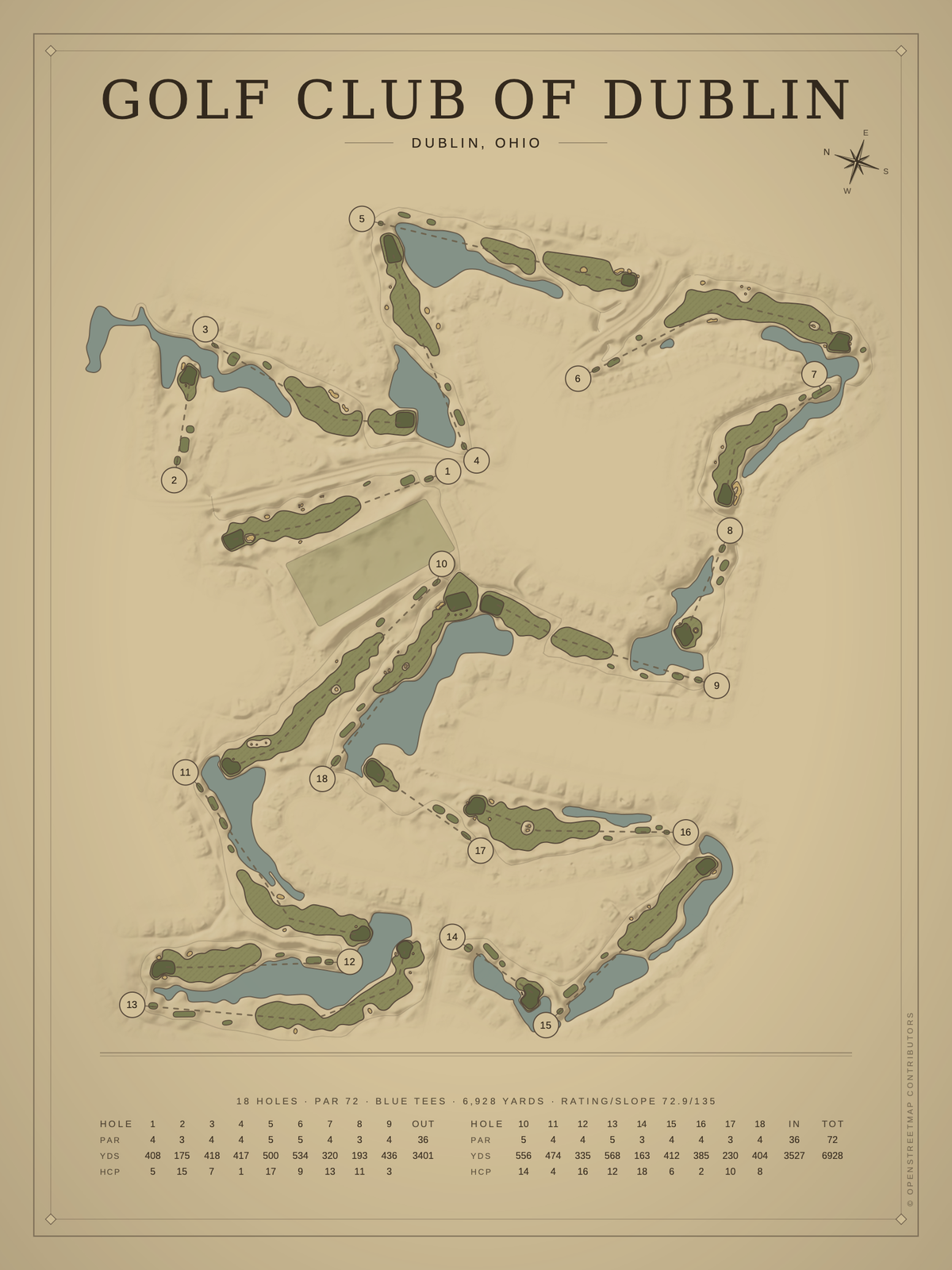 Golf Club of Dublin course map poster, Vintage style, 12×16 / 18×24