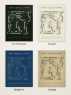 Golf Club of Illinois course map poster in four styles: Architectural, Classic, Blueprint and Vintage