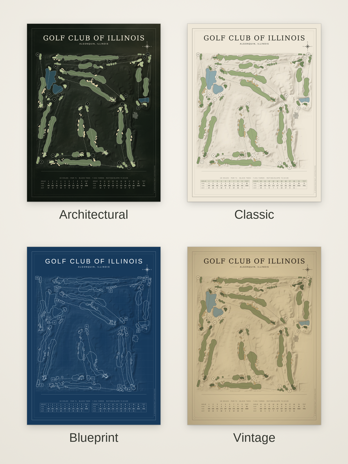 Golf Club of Illinois course map poster in four styles: Architectural, Classic, Blueprint and Vintage