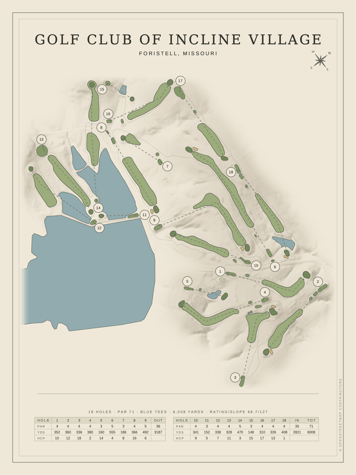 Golf Club of Incline Village course map poster, Classic style, 12×16 / 18×24