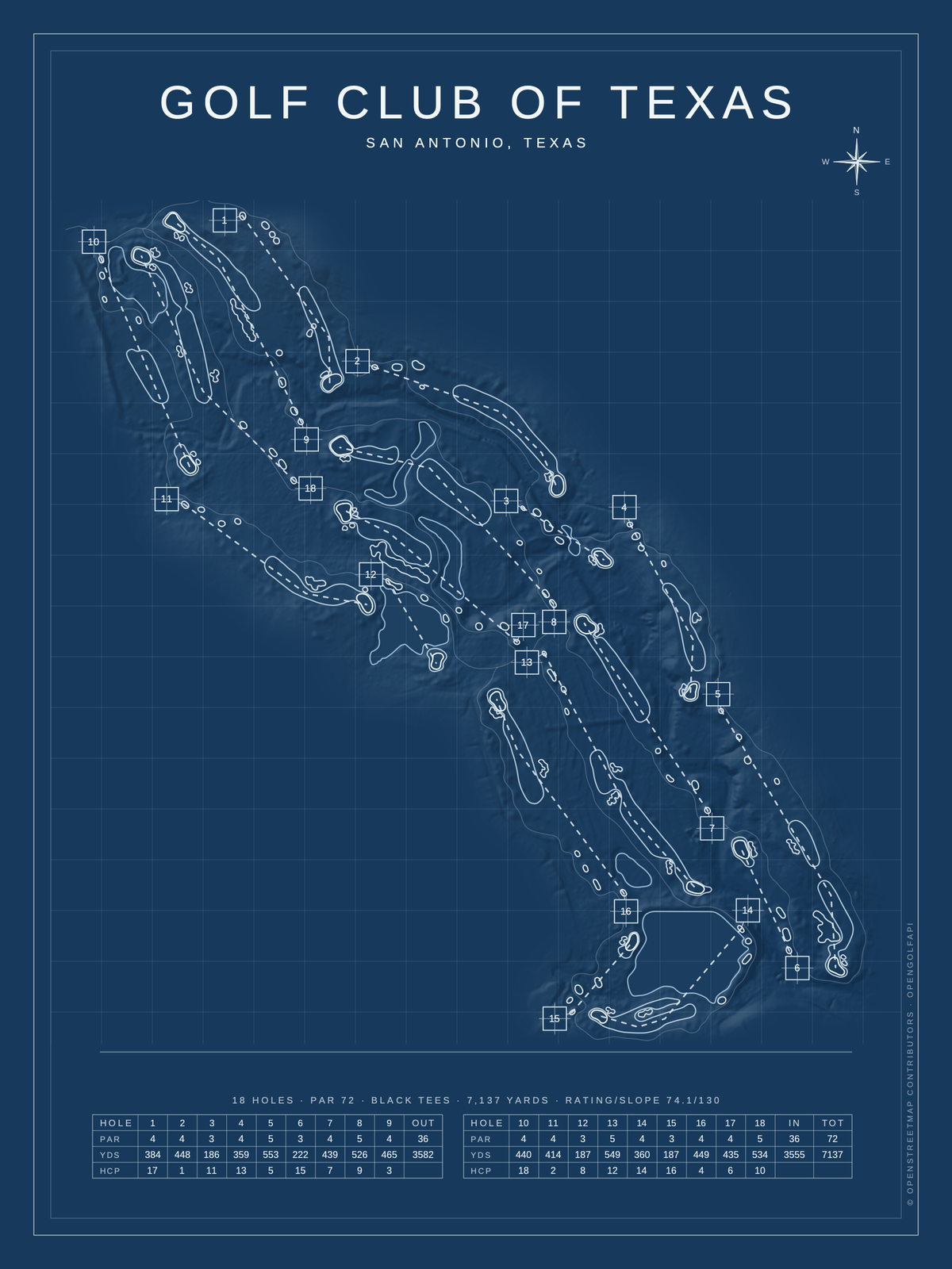 Golf Club of Texas course map poster, Blueprint style, 12×16 / 18×24