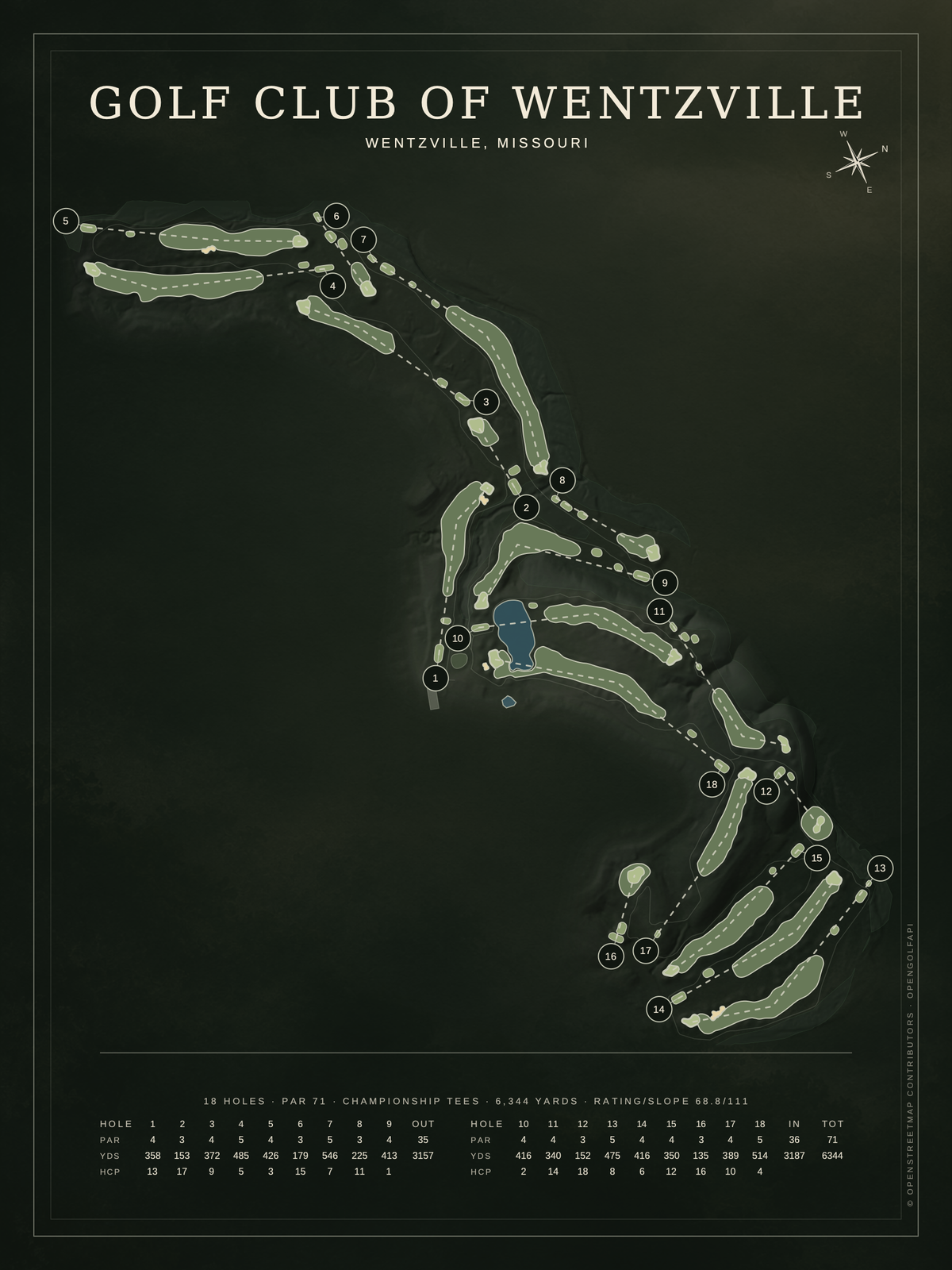 Golf Club of Wentzville course map poster, Architectural style, 12×16 / 18×24