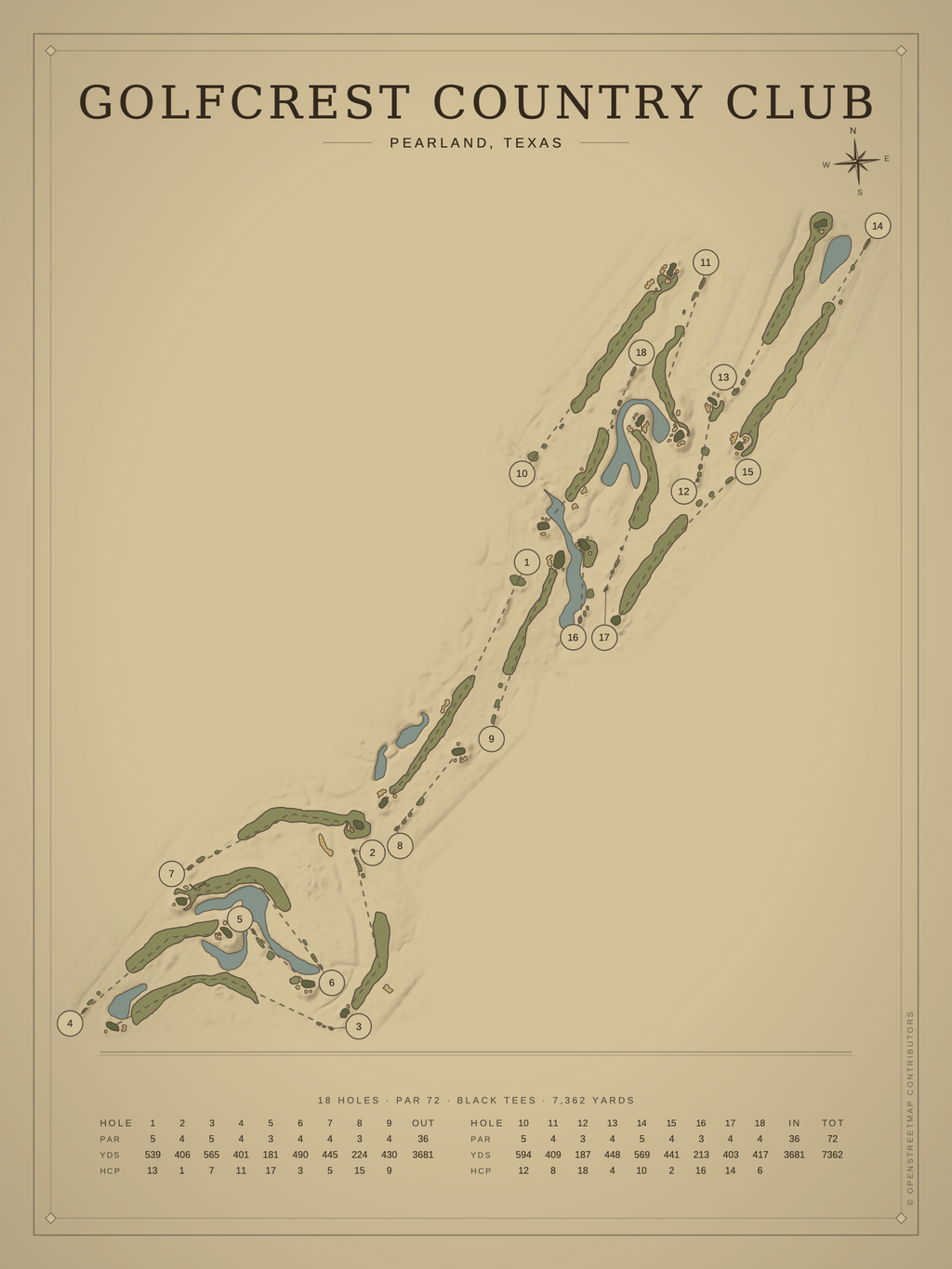 Golfcrest Country Club course map poster, Vintage style, 12×16 / 18×24
