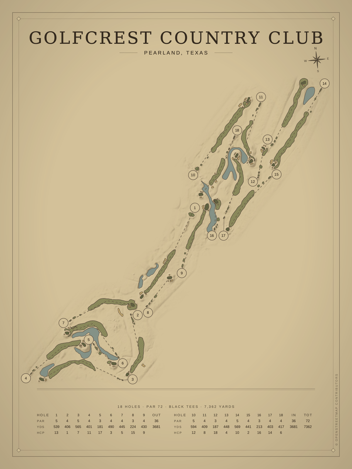 Golfcrest Country Club course map poster, Vintage style, 12×16 / 18×24