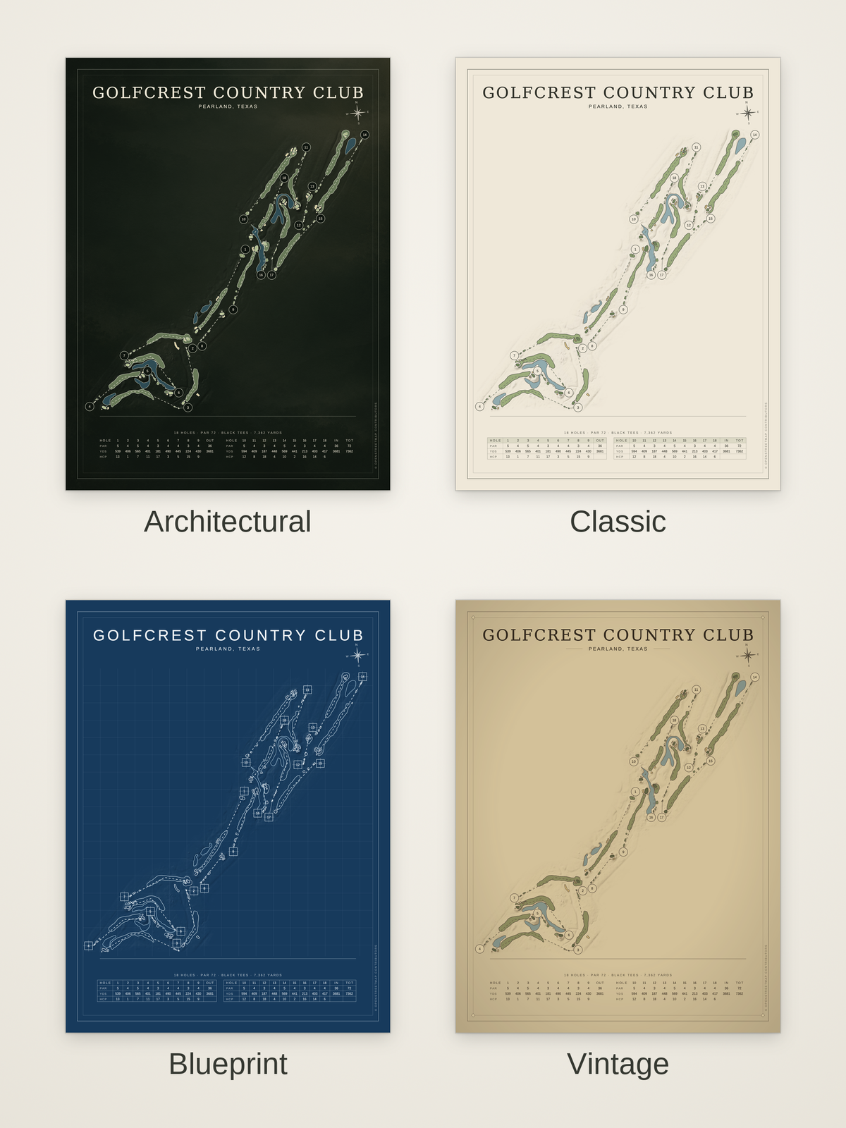 Golfcrest Country Club course map poster in four styles: Architectural, Classic, Blueprint and Vintage