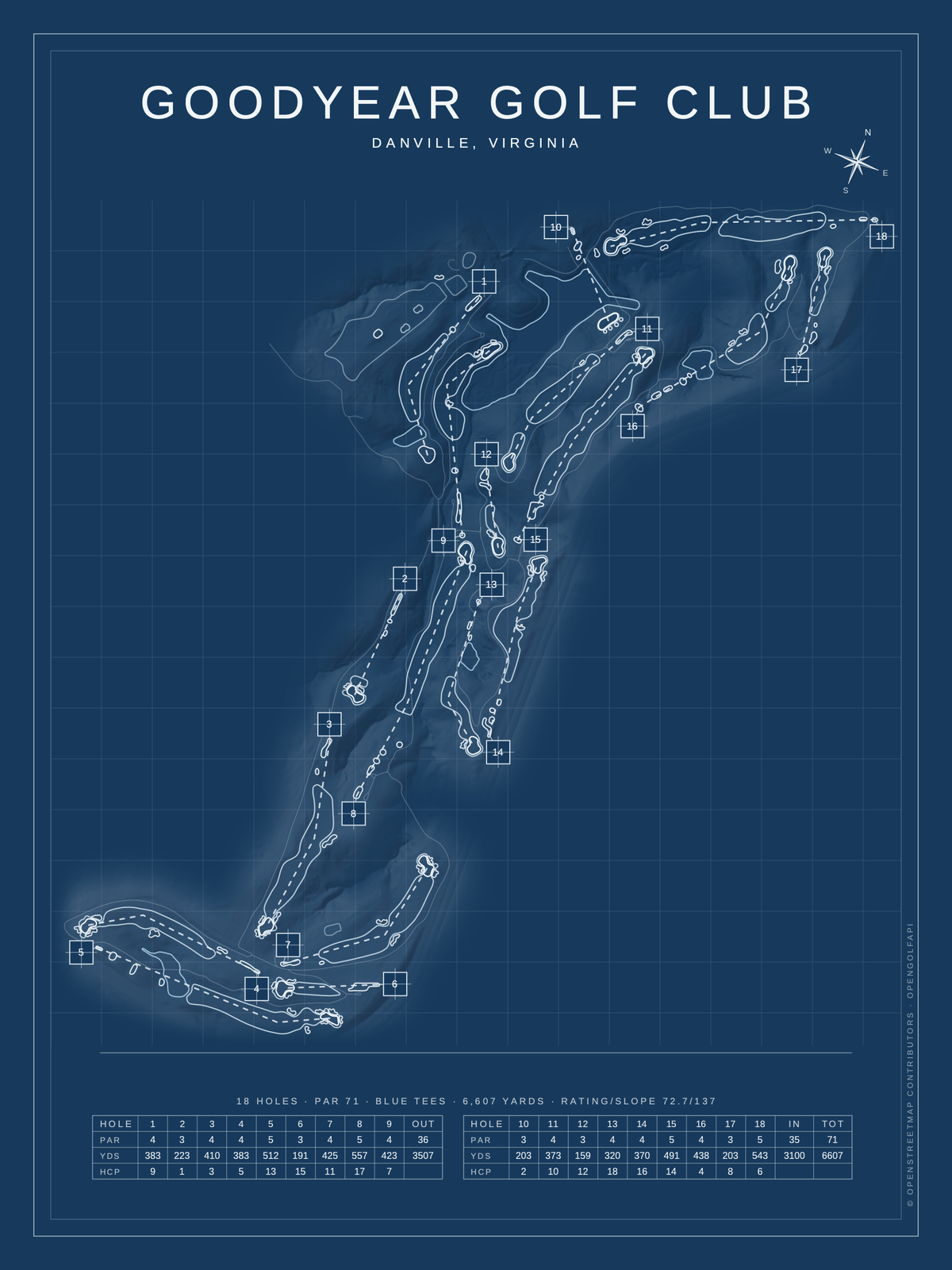 Goodyear Golf Club course map poster, Blueprint style, 12×16 / 18×24