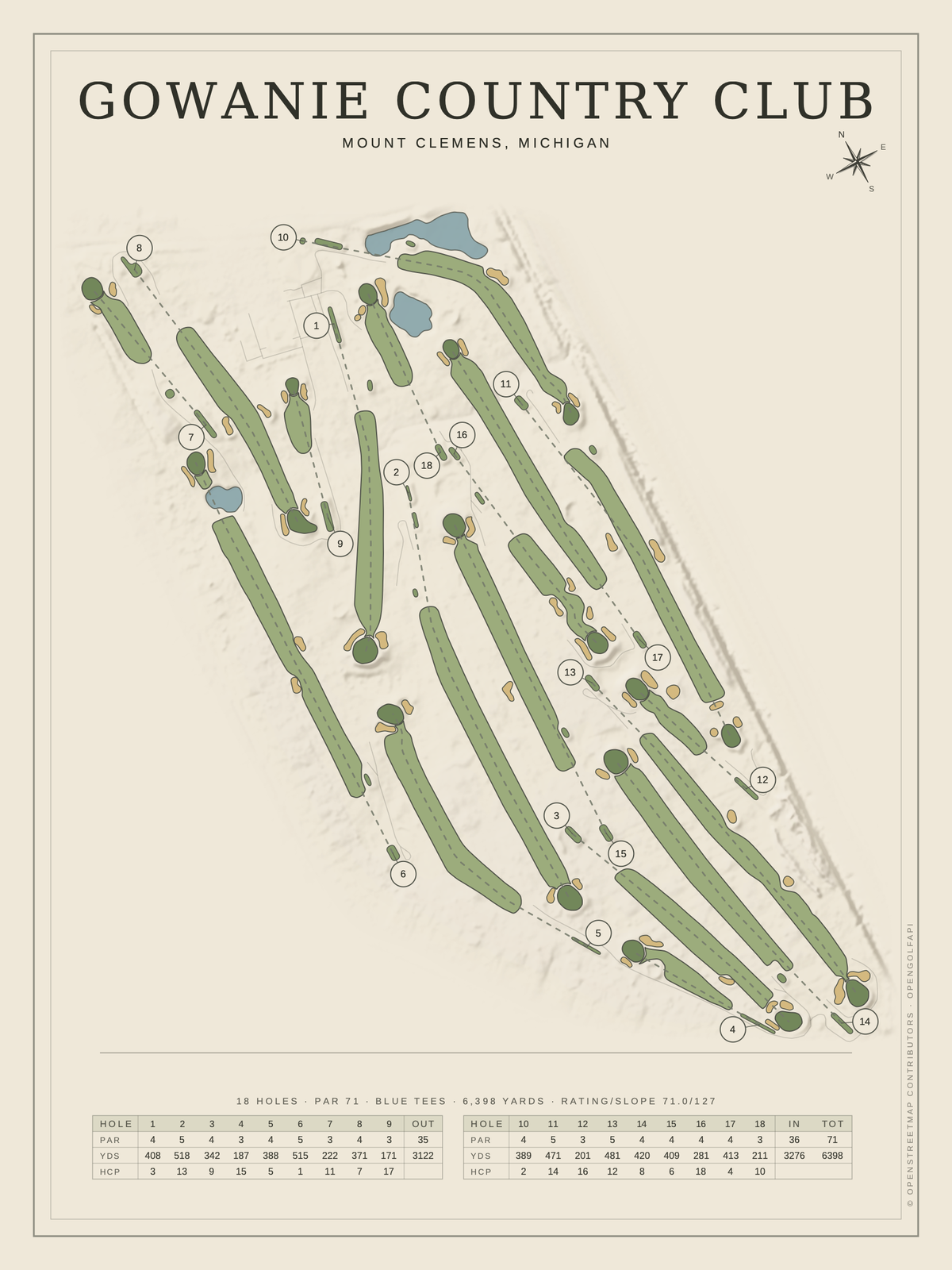 Gowanie Country Club course map poster, Classic style, 12×16 / 18×24