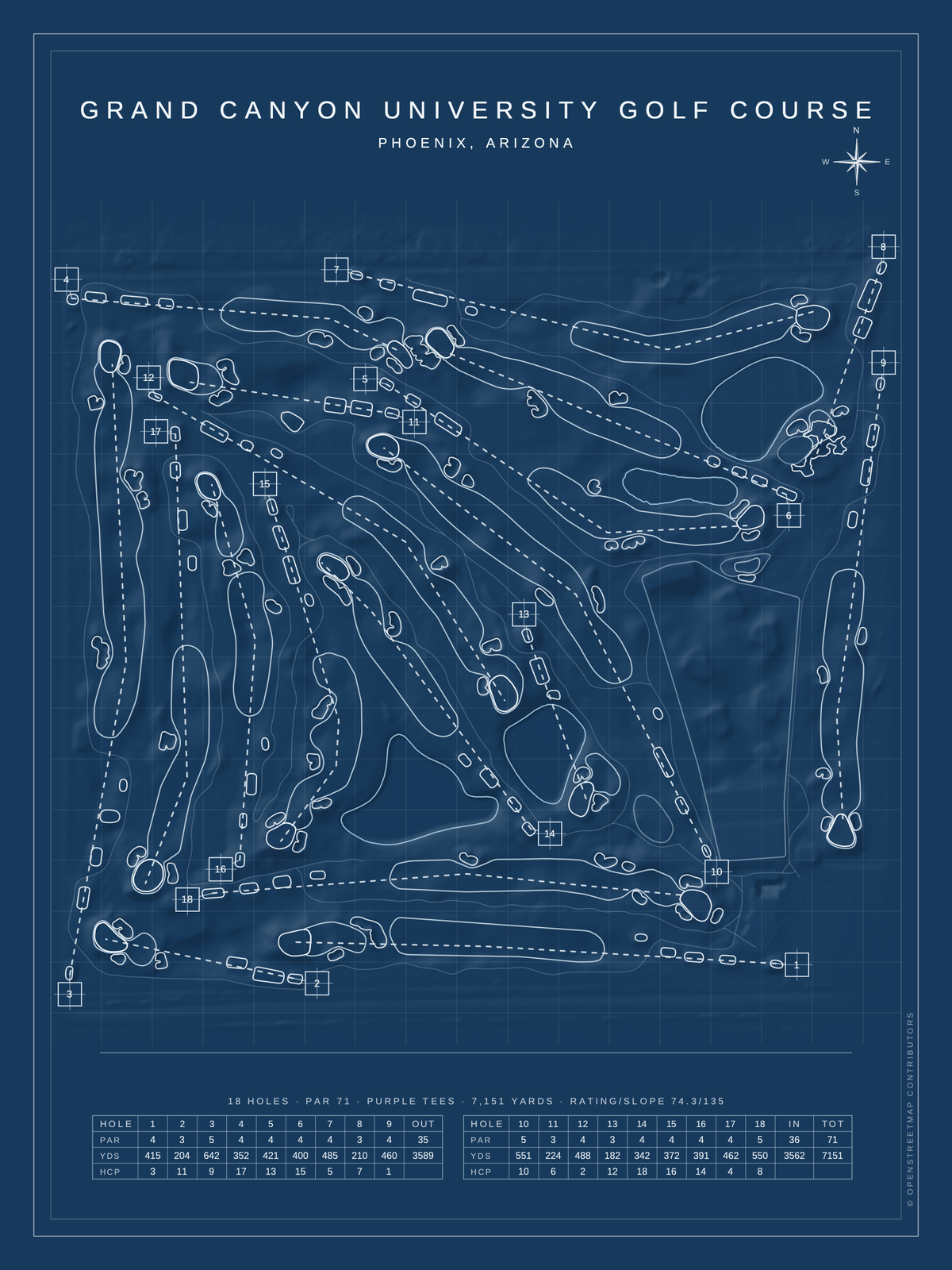 Grand Canyon University Golf Course map poster, Blueprint style, 12×16 / 18×24