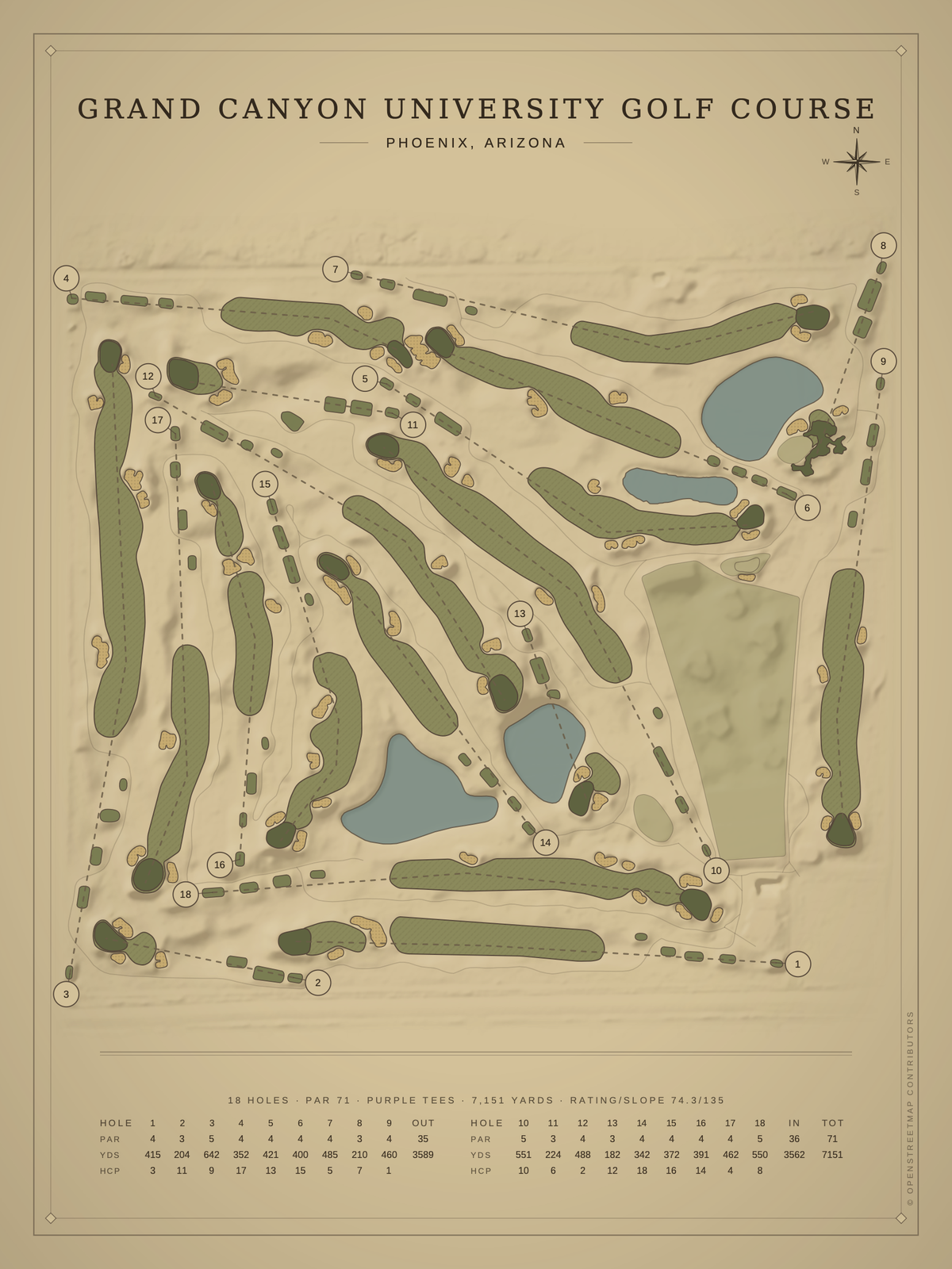 Grand Canyon University Golf Course map poster, Vintage style, 12×16 / 18×24
