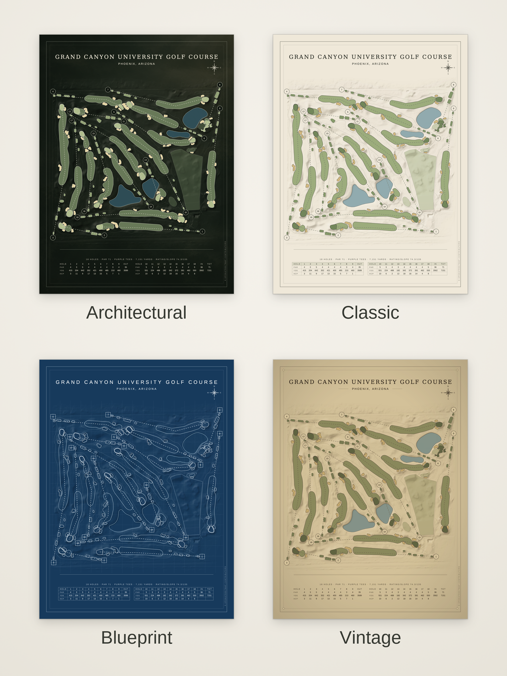 Grand Canyon University Golf Course map poster in four styles: Architectural, Classic, Blueprint and Vintage