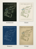 Grand Forks Country Club course map poster in four styles: Architectural, Classic, Blueprint and Vintage