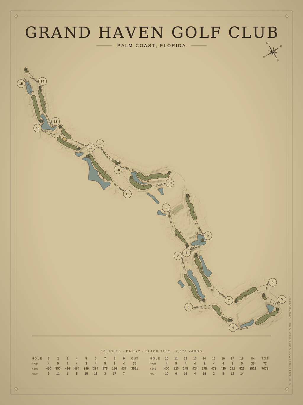 Grand Haven Golf Club course map poster, Vintage style, 12×16 / 18×24