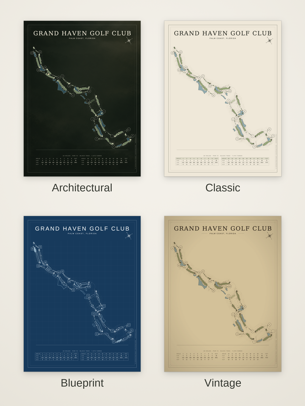 Grand Haven Golf Club course map poster in four styles: Architectural, Classic, Blueprint and Vintage