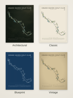 Grand Haven Golf Club course map poster in four styles: Architectural, Classic, Blueprint and Vintage