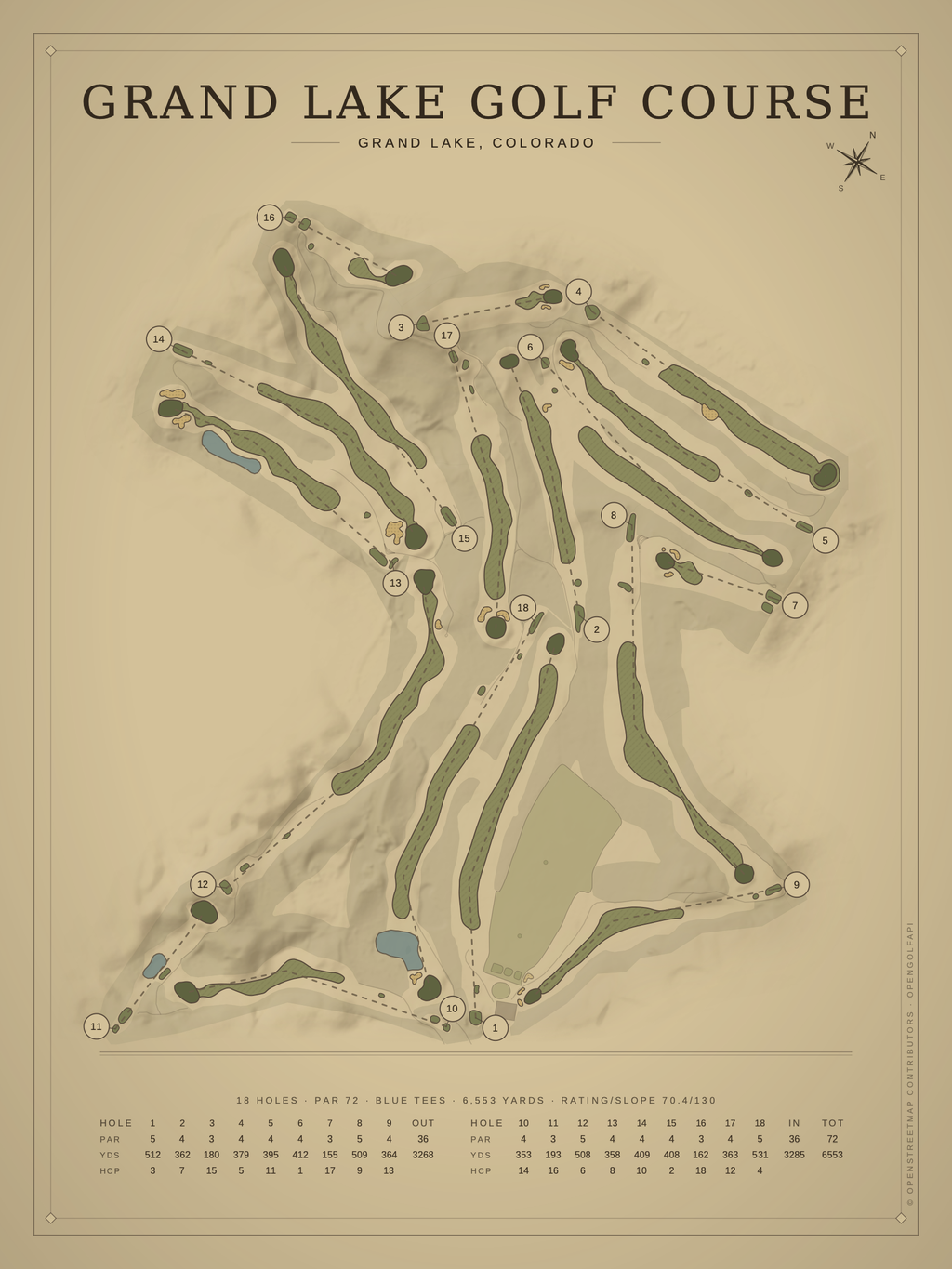 Grand Lake Golf Course map poster, Vintage style, 12×16 / 18×24