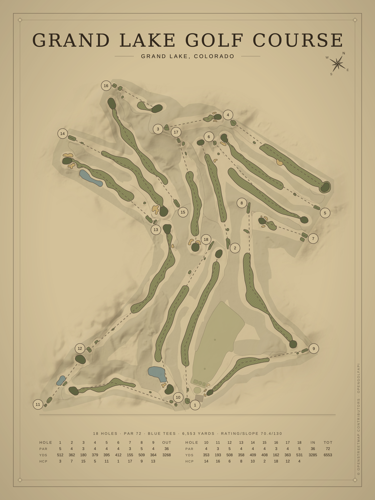 Grand Lake Golf Course map poster, Vintage style, 12×16 / 18×24