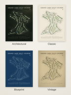 Grand Lake Golf Course map poster in four styles: Architectural, Classic, Blueprint and Vintage
