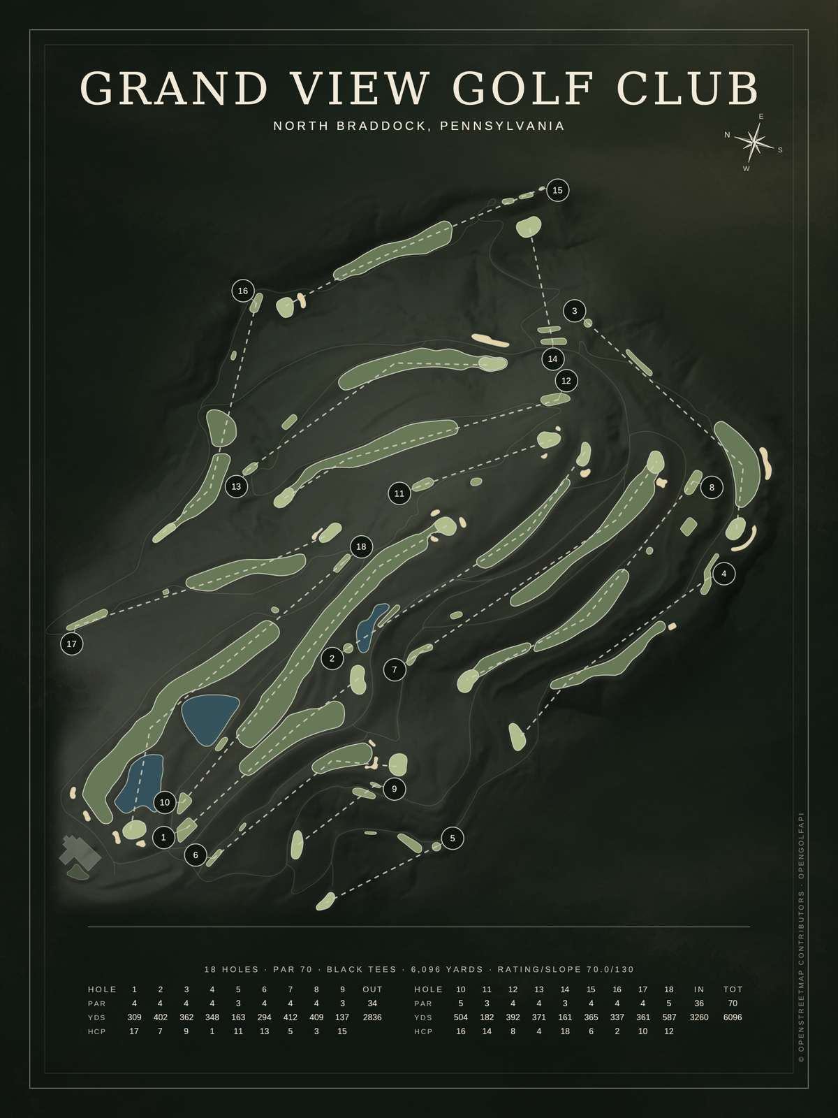 Grand View Golf Club course map poster, Architectural style, 12×16 / 18×24