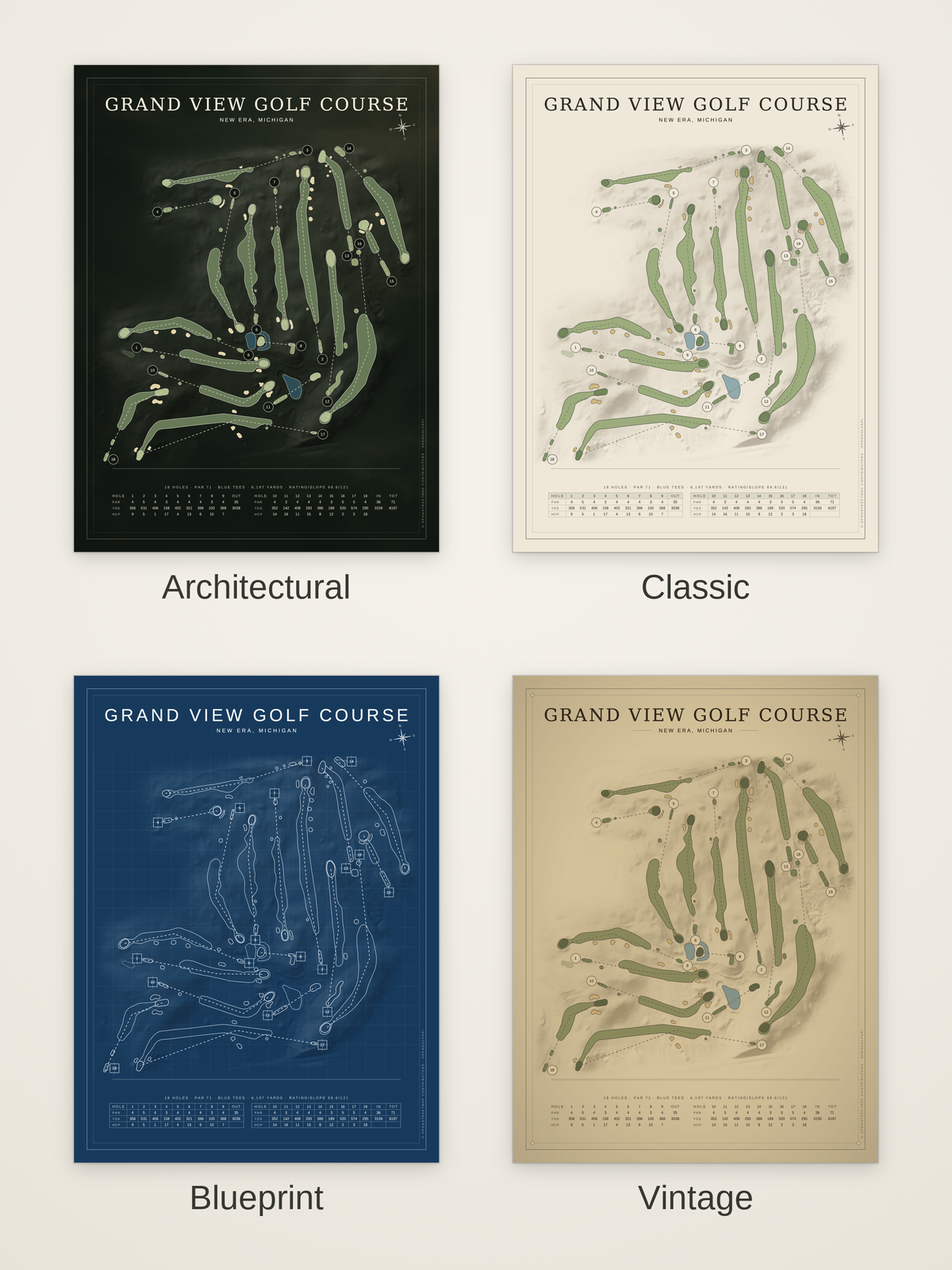 Grand View Golf Course map poster in four styles: Architectural, Classic, Blueprint and Vintage
