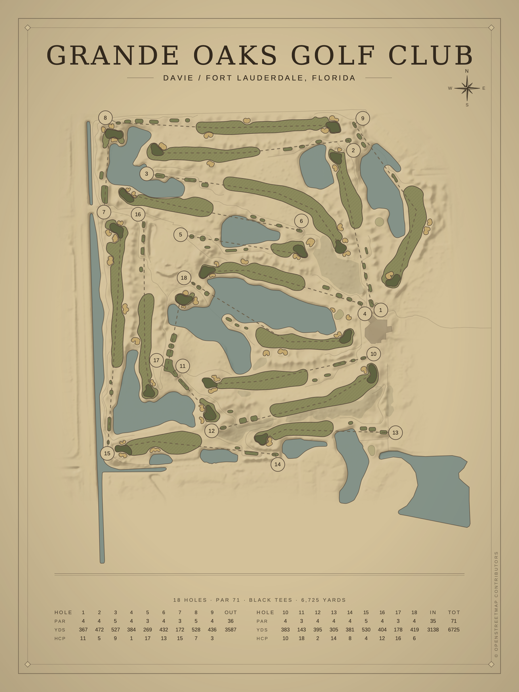 Grande Oaks Golf Club course map poster, Vintage style, 12×16 / 18×24