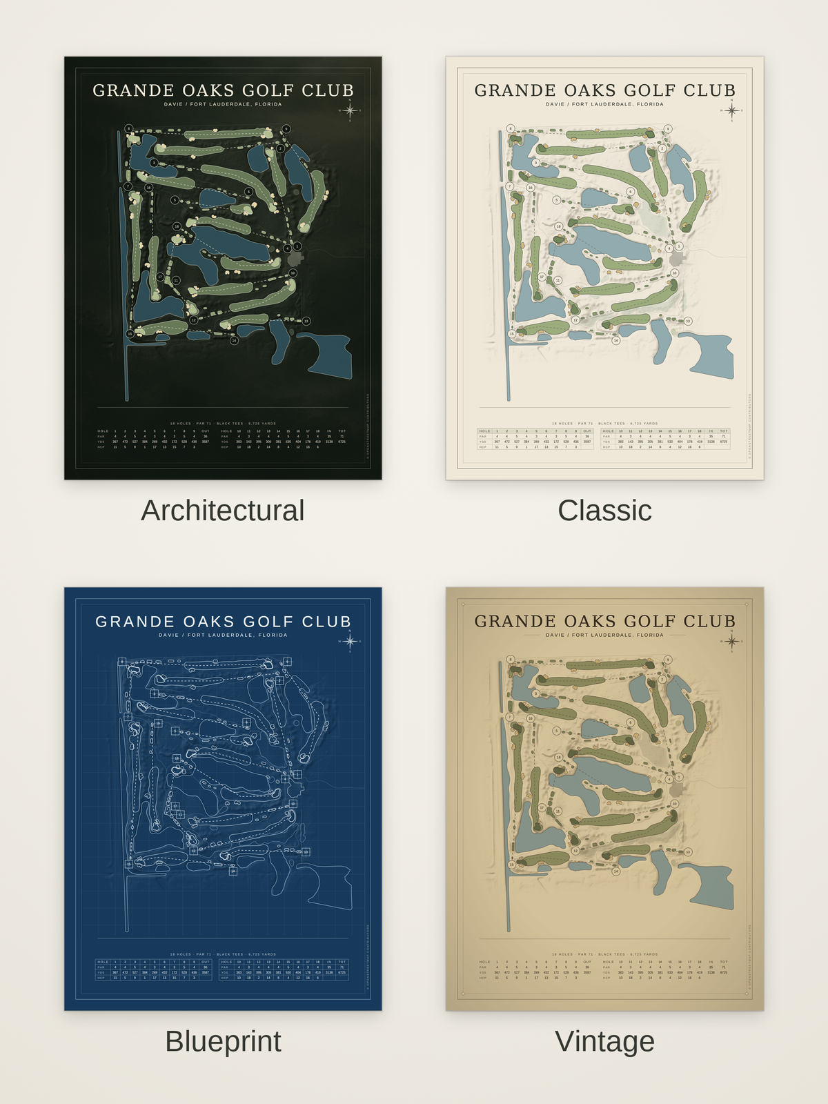 Grande Oaks Golf Club course map poster in four styles: Architectural, Classic, Blueprint and Vintage