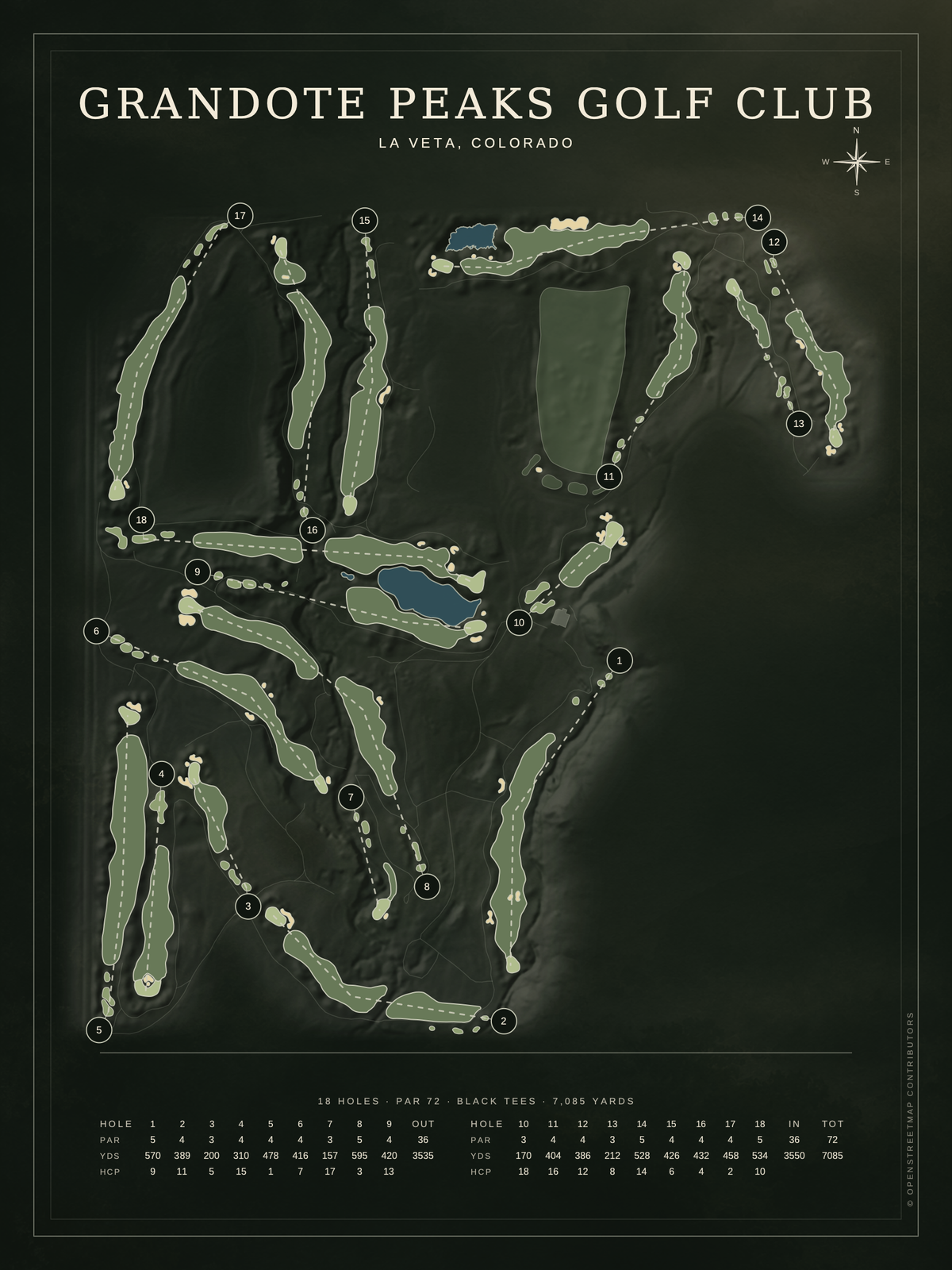 Grandote Peaks Golf Club course map poster, Architectural style, 12×16 / 18×24