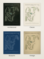 Grandote Peaks Golf Club course map poster in four styles: Architectural, Classic, Blueprint and Vintage