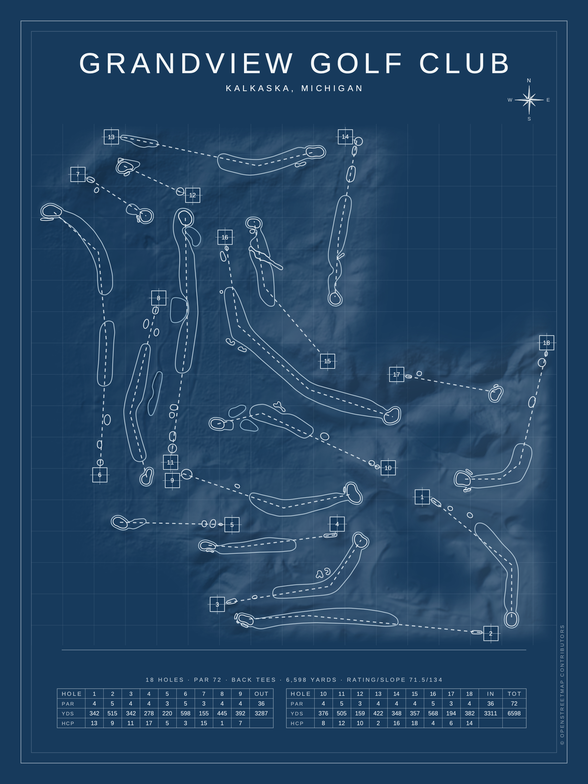 Grandview Golf Club course map poster, Blueprint style, 12×16 / 18×24