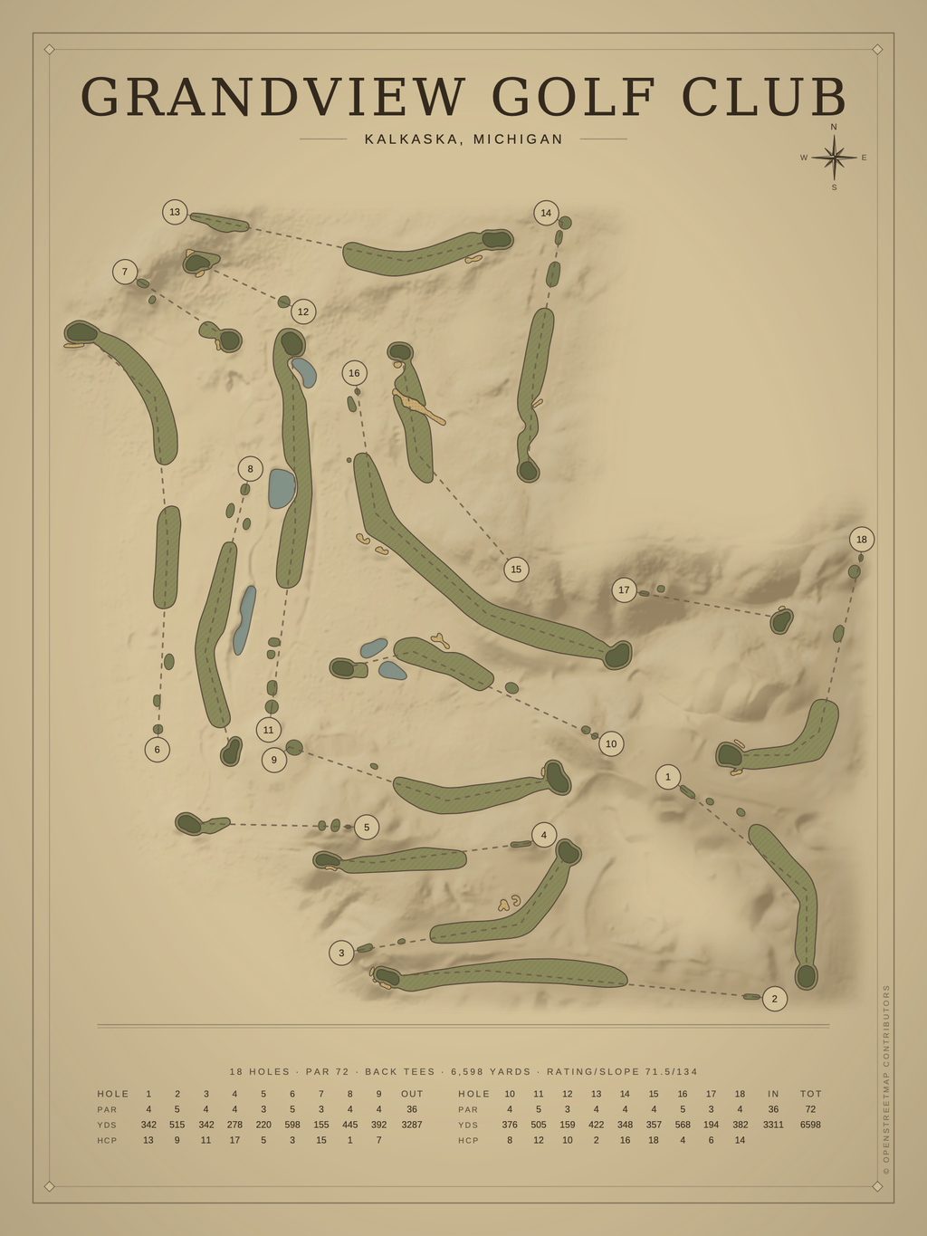 Grandview Golf Club course map poster, Vintage style, 12×16 / 18×24