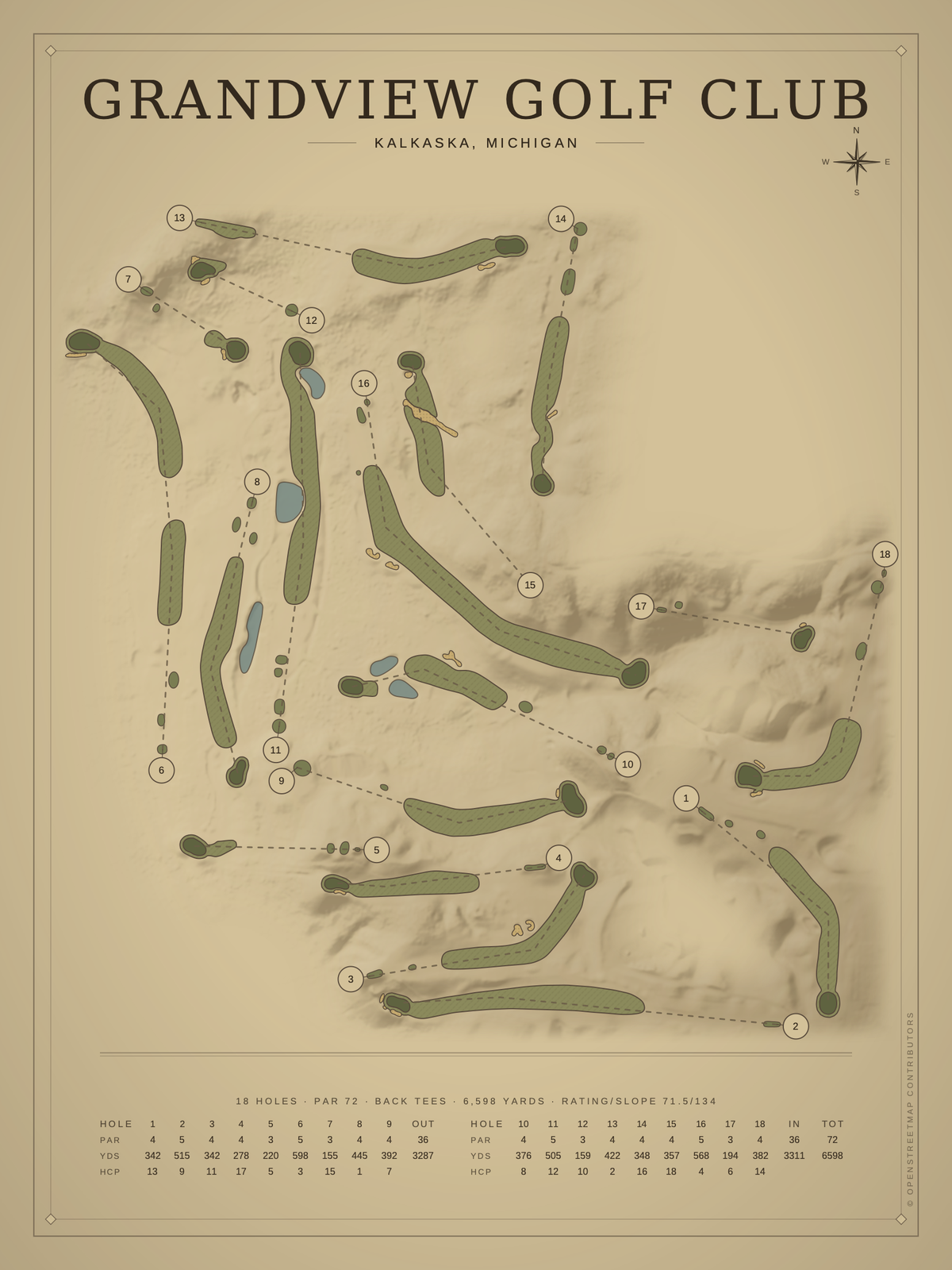Grandview Golf Club course map poster, Vintage style, 12×16 / 18×24
