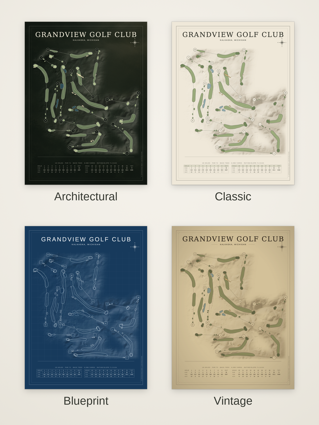 Grandview Golf Club course map poster in four styles: Architectural, Classic, Blueprint and Vintage