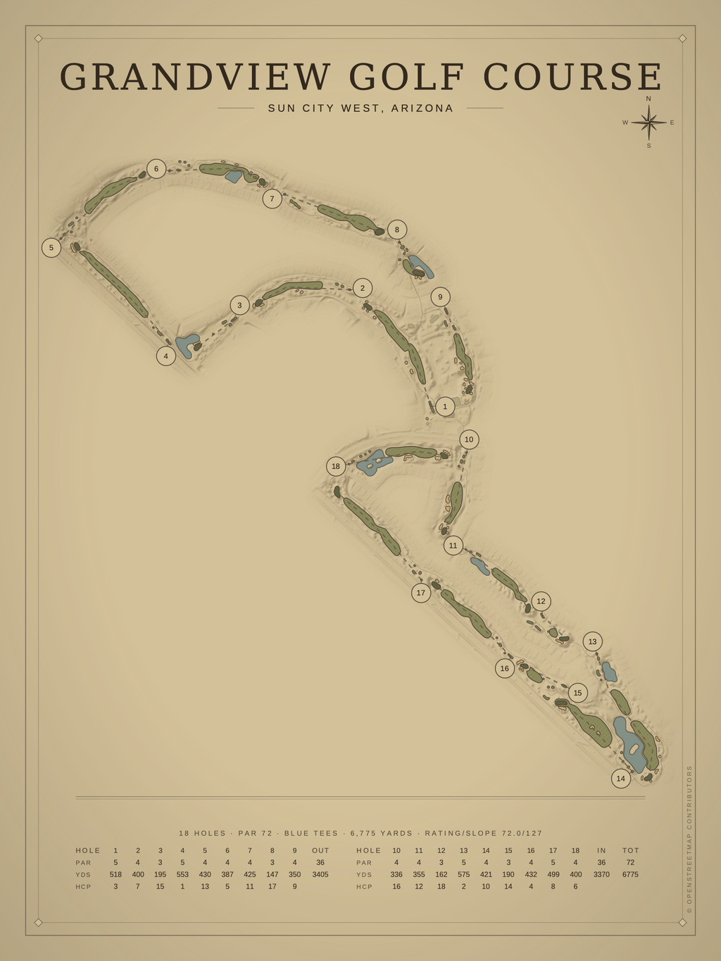Grandview Golf Course map poster, Vintage style, 12×16 / 18×24