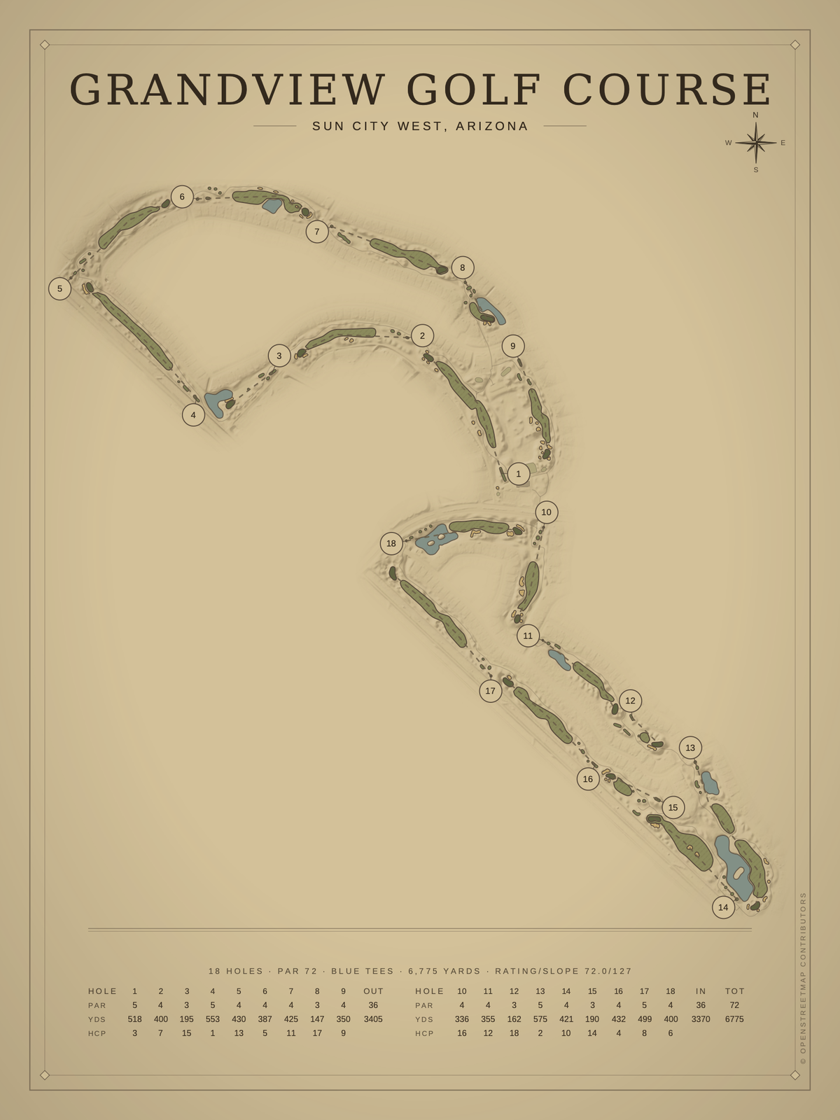 Grandview Golf Course map poster, Vintage style, 12×16 / 18×24