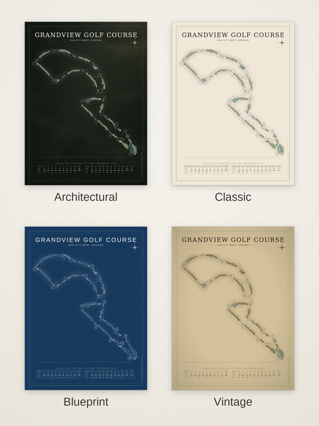 Grandview Golf Course map poster in four styles: Architectural, Classic, Blueprint and Vintage